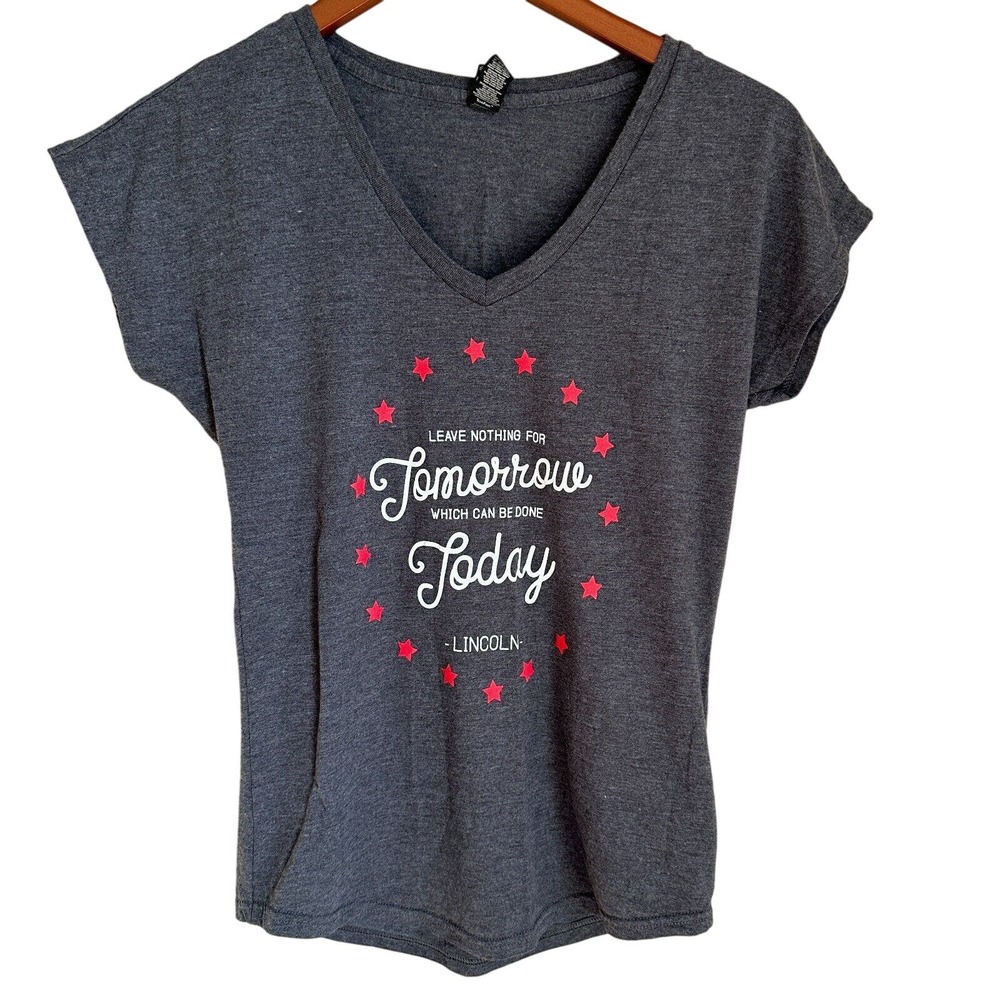 Anvil Tri Blend Gray Graphic Tee President Lincoln Quote V-Neck Short Sleeve